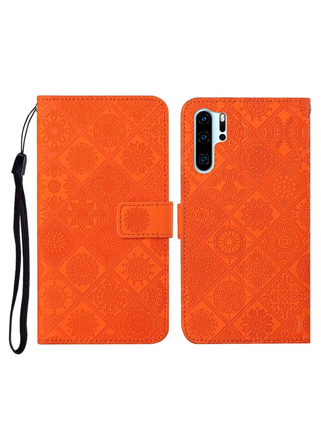 زبون جراب لهاتف Huawei P30 Pro، جراب جلدي أفقي قابل للطي بنمط عرقي منقوش مع حامل وفتحات للبطاقات ومحفظة وحبل - Image 1