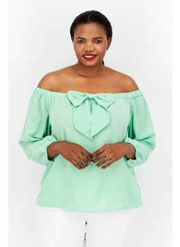 Women  Off Shoulder 3/4 Sleeve Plain Top, Green