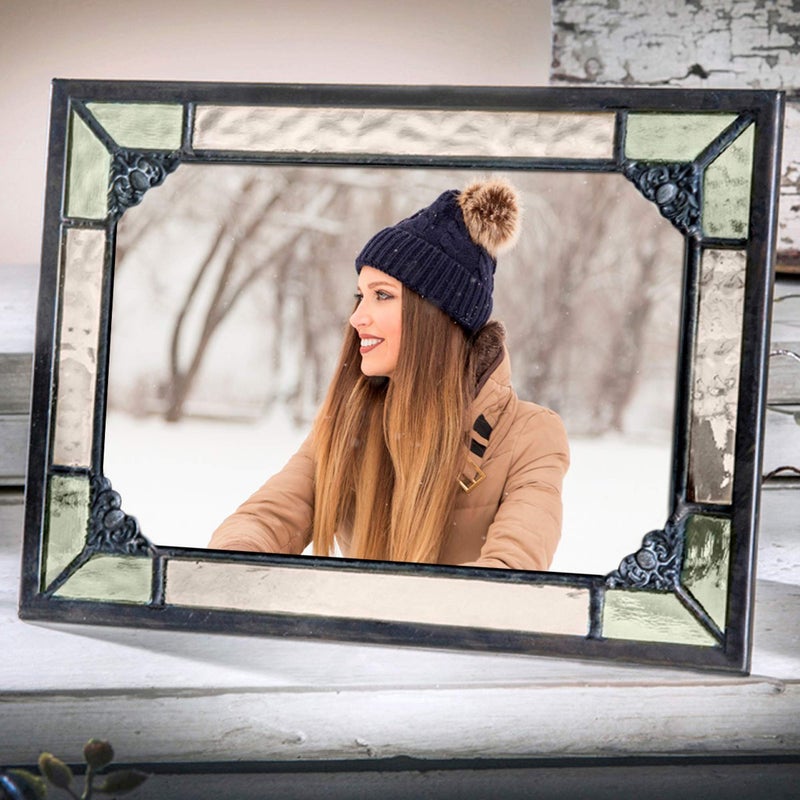 J Devlin Glass Art J Devlin 4x6 Vintage Green Stained Glass Picture Frame â€“ Horizontal or Vertical Photo Display, Handcrafted Decorative Glass Frame with Antique Charcoal Patina - Image 1