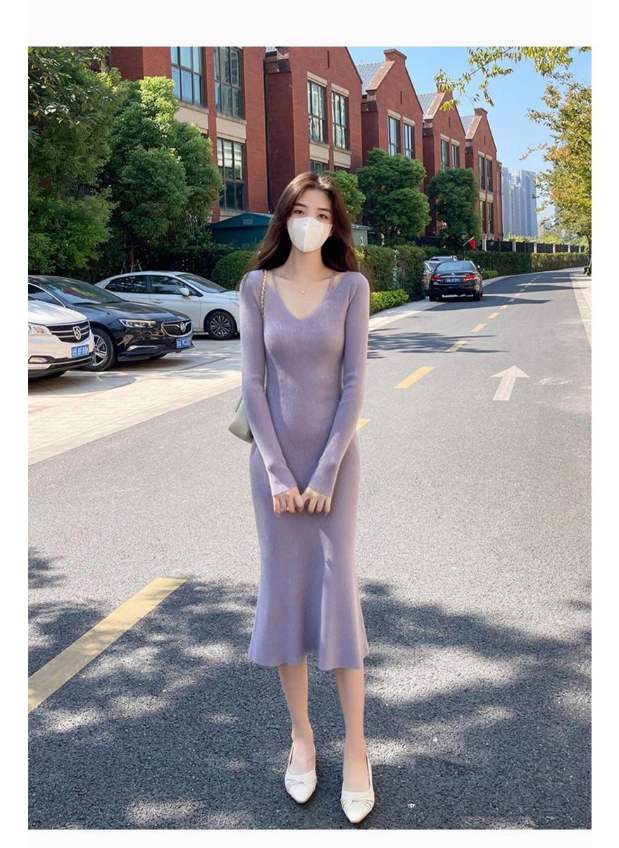 Generic Quality Core Knit Dress Autumn/Winter French Style Waist-Fitted Long Dress Slimming Smooths Your Silhouette Base Layer Bottoming Purple  - Image 1