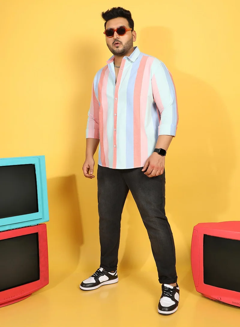 انستافاب بلس قميص رجالي مقاس كبير مخطط روماني بأزرار متعدد الألوان للارتداء الكاجوال | قميص قطني بياقة عريضة وأكمام عادية بقصة مريحة للاستخدام اليومي