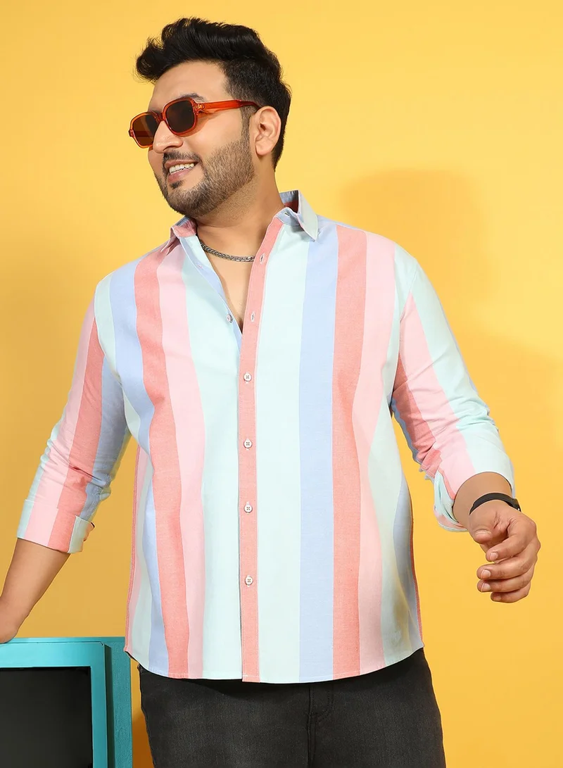 انستافاب بلس قميص رجالي مقاس كبير مخطط روماني بأزرار متعدد الألوان للارتداء الكاجوال | قميص قطني بياقة عريضة وأكمام عادية بقصة مريحة للاستخدام اليومي