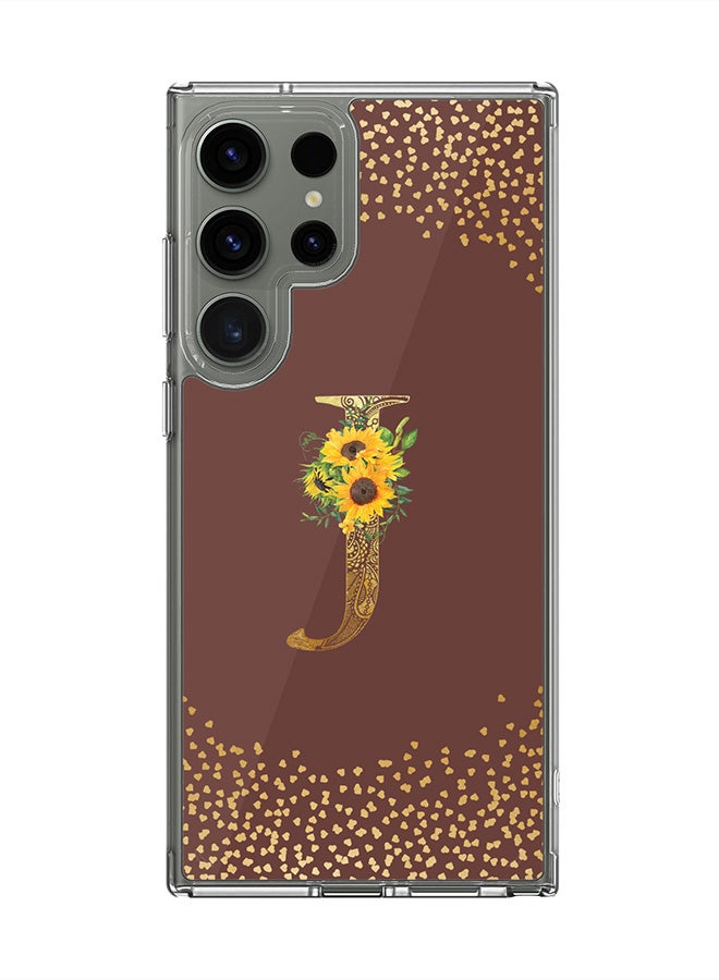 Stylizedd Classic Clear Case for Samsung Galaxy S24 Ultra , Hybrid Soft Transparent Cover Custom Monogram Initial Letter Floral Pattern Alphabet - J (Brown) - Image 1