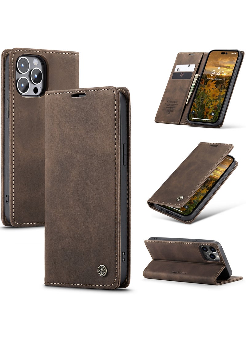 CaseMe CaseMe iPhone 15 Pro MAX, Premium Vintage Leather Flip Case [TPU Protection] [Protective Function] [Card Slots] [Magnetic Closure] Leather Flip Case for Original iPhone 15 Pro MAX - Coffee  - Image 1