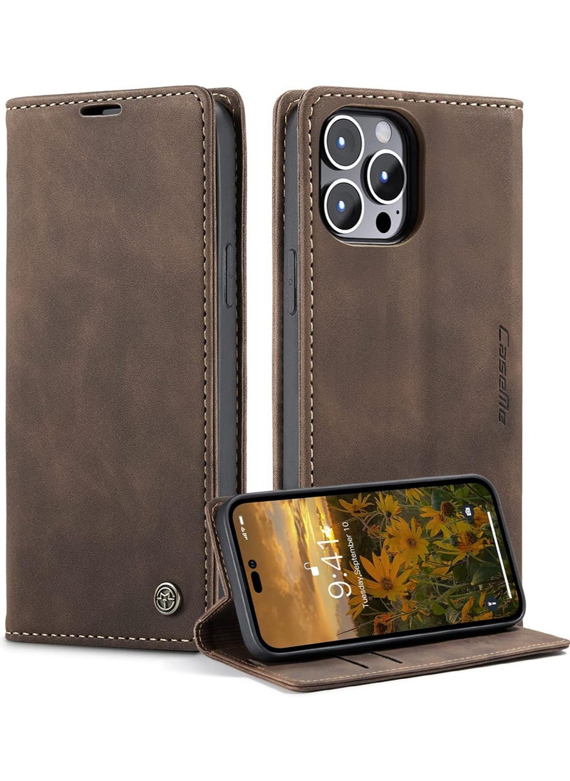 CaseMe CaseMe iPhone 15 Pro MAX, Premium Vintage Leather Flip Case [TPU Protection] [Protective Function] [Card Slots] [Magnetic Closure] Leather Flip Case for Original iPhone 15 Pro MAX - Coffee  - Image 2