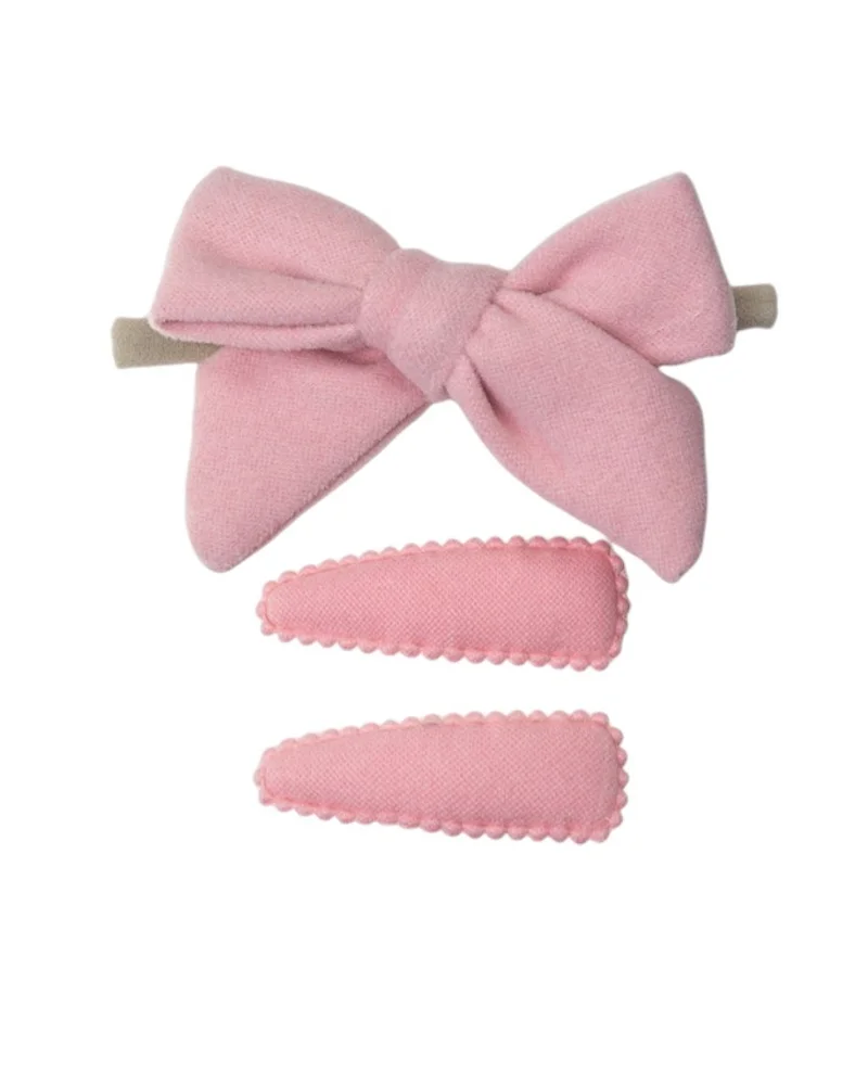 D'Daniela Sara Ribbon Bow Clip Set with Ponytail For Babies and Girls - Baby Pink