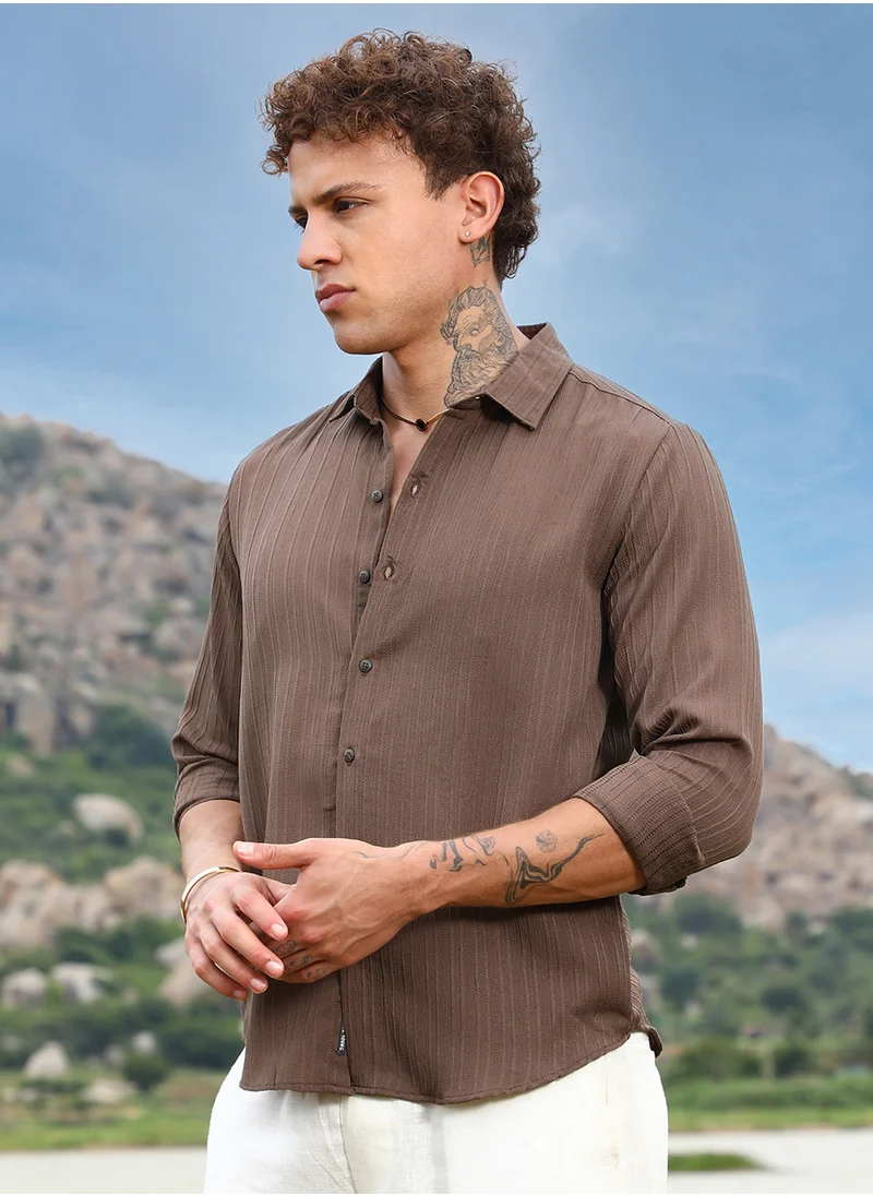 Campus Sutra Men's Mocha Brown Self-Design Striped Shirt