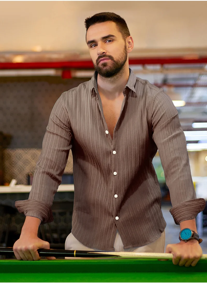 Campus Sutra Men's Mocha Brown Self-Design Striped Shirt