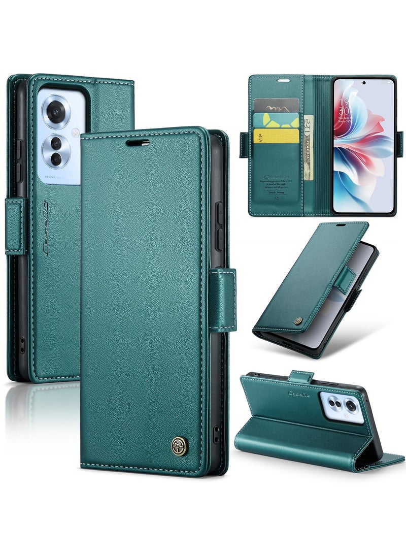 CaseMe Phone Case Luxury PU Leather Design Anti Fingerprint 023 Flip Cover Card Slot Holder Cover For Oppo Reno 11F (Green) - Image 1