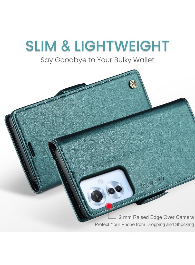 CaseMe Phone Case Luxury PU Leather Design Anti Fingerprint 023 Flip Cover Card Slot Holder Cover For Oppo Reno 11F (Green) - Image 3