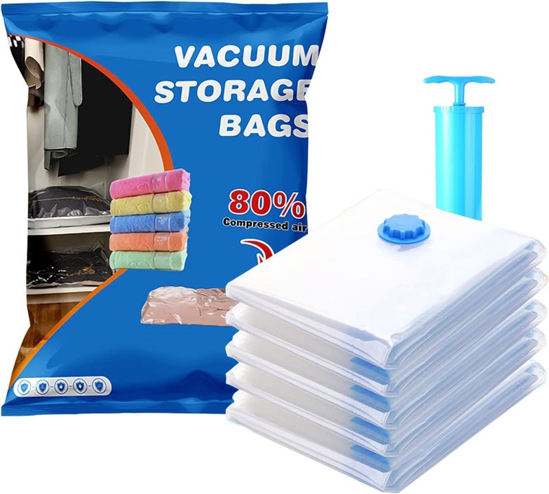 DHVAJA Space Saver Pack of 5 vacuum storage bags Save 80 on Clothes Storage SpacePremium Vacuum Sealer Bag for organizer Blankets Bedding Clothing with hand Pump - Image 1