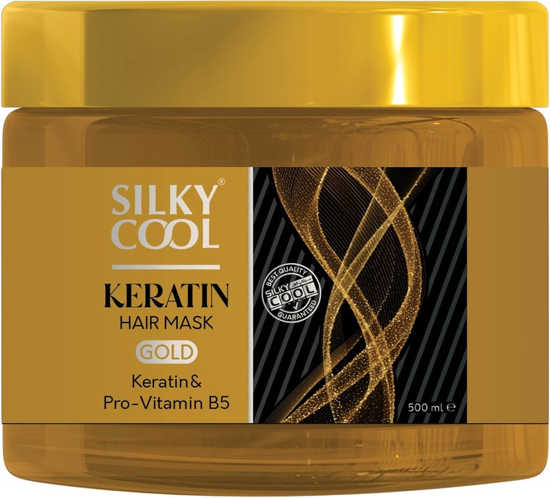 Silky Cool Keratin Gold Intensive Care Hair Mask 500 ml With Keratin & Pro-Vitamin B5 - Strengthens Damage Hair & Repairs Broken Split Ends - Image 1