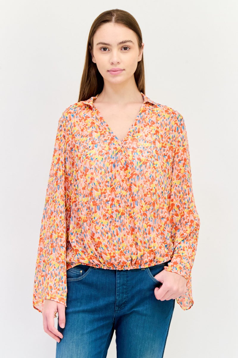 SALSA Women V Neck Allover Print Long Sleeves T-shirt, Multicolor - Image 1