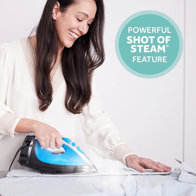 Sunbeam مكواة بخار ستيم ماستر، 1400 واط، قاعدة غير لاصقة من الفولاذ المقاوم للصدأ كبيرة مضادة للتنقيط مع سلك قابل للسحب بطول 8 أقدام، بخار أفقي أو عمودي وميزة الإيقاف التلقائي ثلاثي الاتجاهات، أسود/أزرق - Image 4