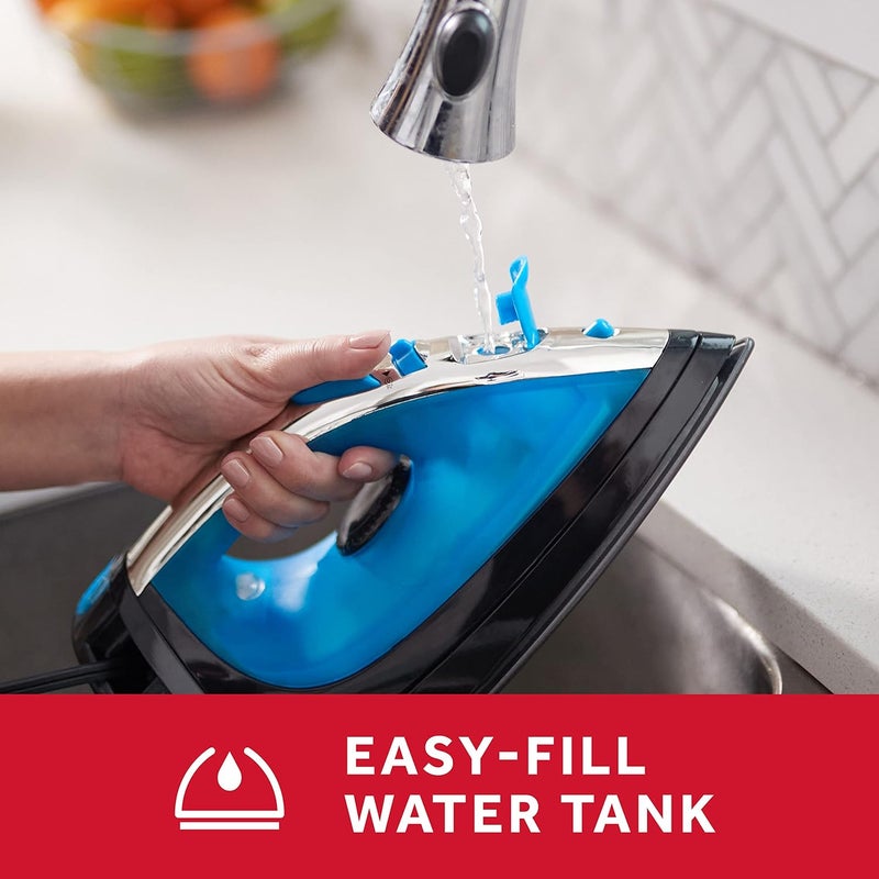 Sunbeam مكواة بخار ستيم ماستر، 1400 واط، قاعدة غير لاصقة من الفولاذ المقاوم للصدأ كبيرة مضادة للتنقيط مع سلك قابل للسحب بطول 8 أقدام، بخار أفقي أو عمودي وميزة الإيقاف التلقائي ثلاثي الاتجاهات، أسود/أزرق - Image 5