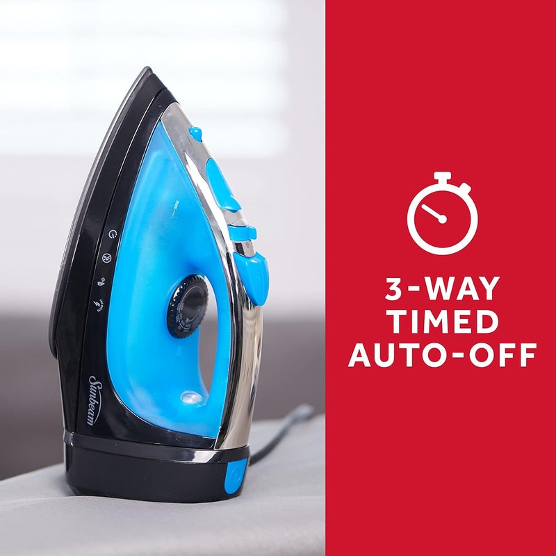 Sunbeam مكواة بخار ستيم ماستر، 1400 واط، قاعدة غير لاصقة من الفولاذ المقاوم للصدأ كبيرة مضادة للتنقيط مع سلك قابل للسحب بطول 8 أقدام، بخار أفقي أو عمودي وميزة الإيقاف التلقائي ثلاثي الاتجاهات، أسود/أزرق - Image 3