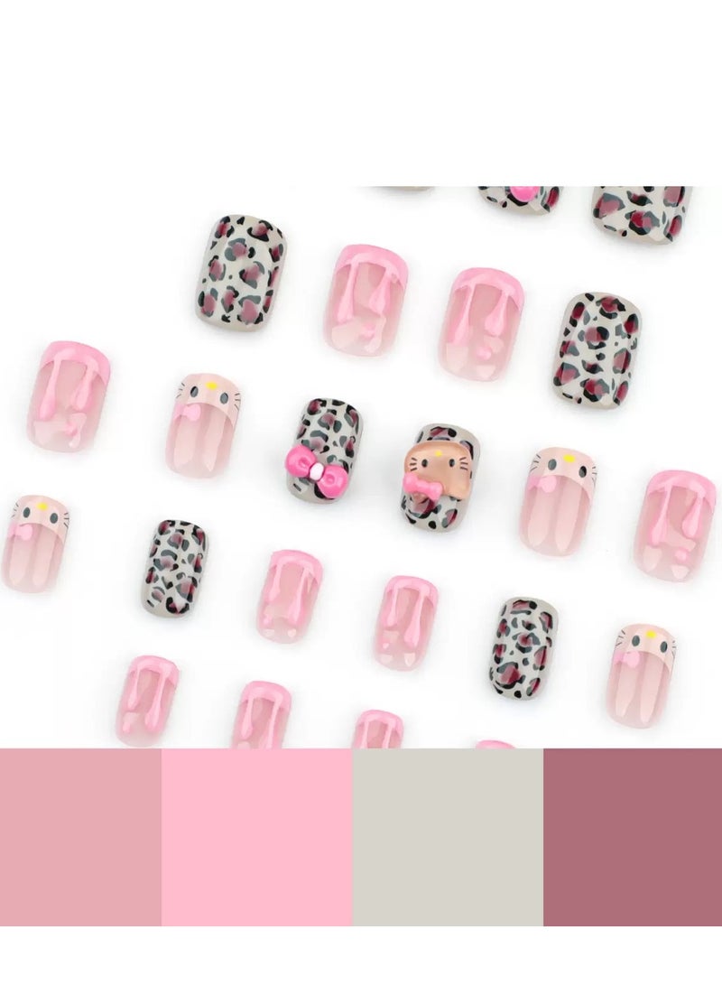 جوسكوين أظافر تركيب، 24 قطعة، أظافر قابلة للارتداء بتصميم عقدة قطة ثلاثية الأبعاد: مانيكير باللون الوردي الكريمي الفرنسي وطبعة الفهد لخلق أسلوب لطيف وحلو! أظافر أكريليك مع مجموعة غراء. - Image 2