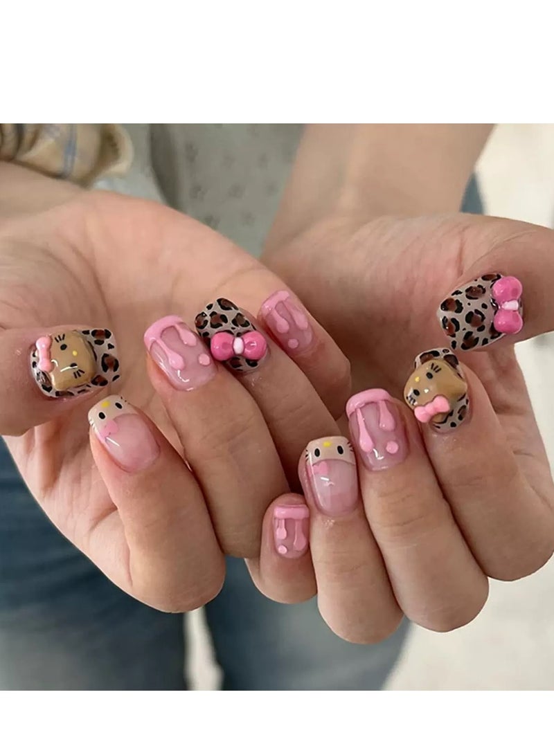 جوسكوين أظافر تركيب، 24 قطعة، أظافر قابلة للارتداء بتصميم عقدة قطة ثلاثية الأبعاد: مانيكير باللون الوردي الكريمي الفرنسي وطبعة الفهد لخلق أسلوب لطيف وحلو! أظافر أكريليك مع مجموعة غراء. - Image 1