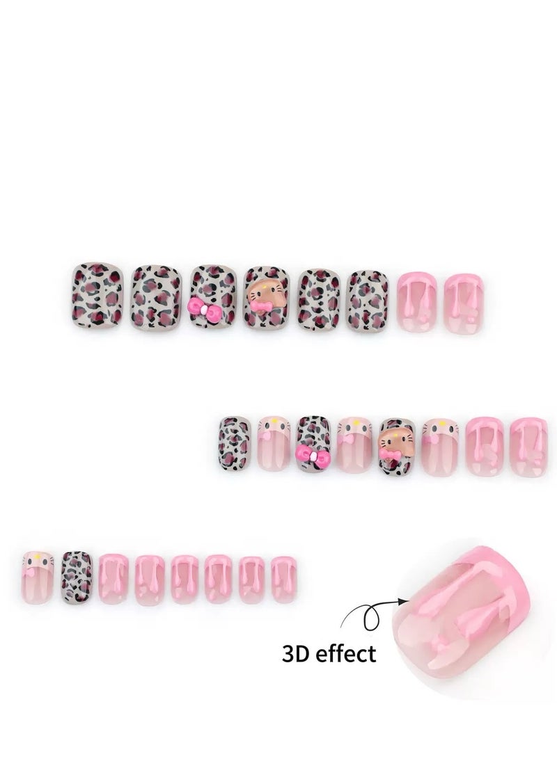 جوسكوين أظافر تركيب، 24 قطعة، أظافر قابلة للارتداء بتصميم عقدة قطة ثلاثية الأبعاد: مانيكير باللون الوردي الكريمي الفرنسي وطبعة الفهد لخلق أسلوب لطيف وحلو! أظافر أكريليك مع مجموعة غراء. - Image 3