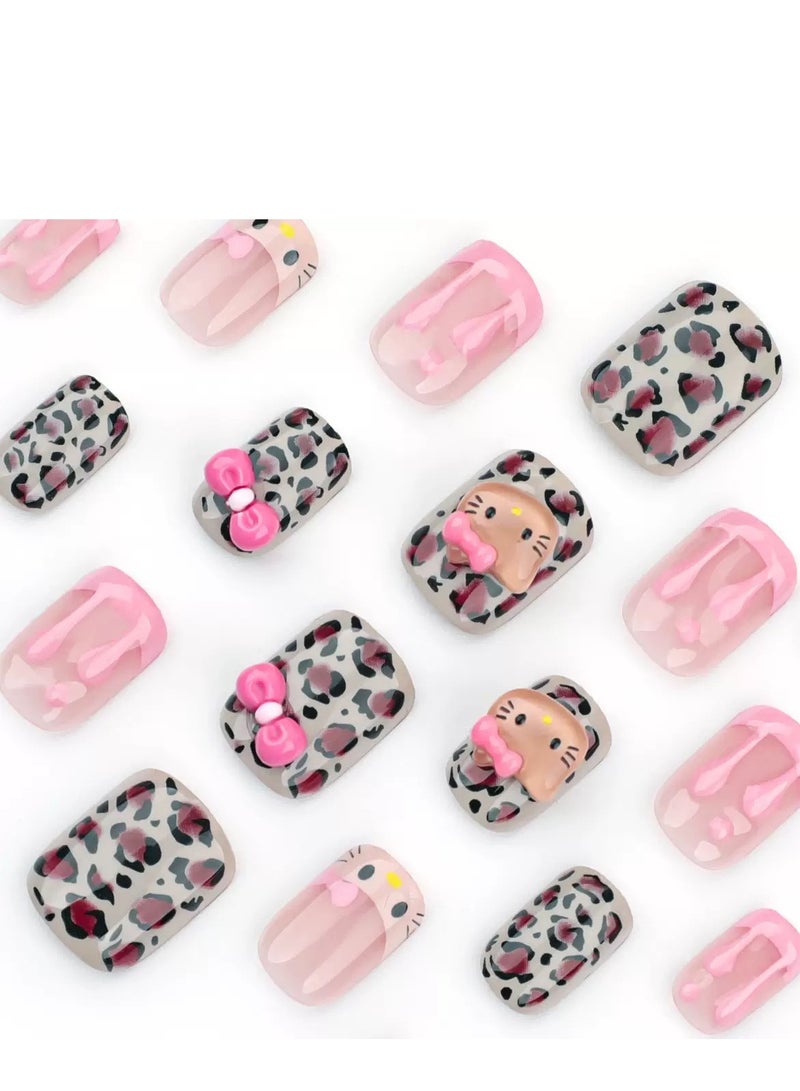 جوسكوين أظافر تركيب، 24 قطعة، أظافر قابلة للارتداء بتصميم عقدة قطة ثلاثية الأبعاد: مانيكير باللون الوردي الكريمي الفرنسي وطبعة الفهد لخلق أسلوب لطيف وحلو! أظافر أكريليك مع مجموعة غراء. - Image 5