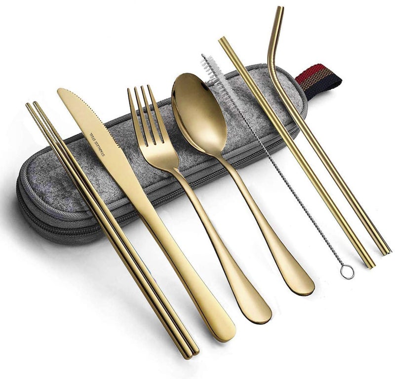 KITOME Portable Utensils Kit – 8-Piece Travel Cutlery Set with Case: Knife, Fork, Spoon, Chopsticks, Straws & Cleaning Brush – Reusable Stainless Steel Flatware for Camping & Office (Gold) - Image 1