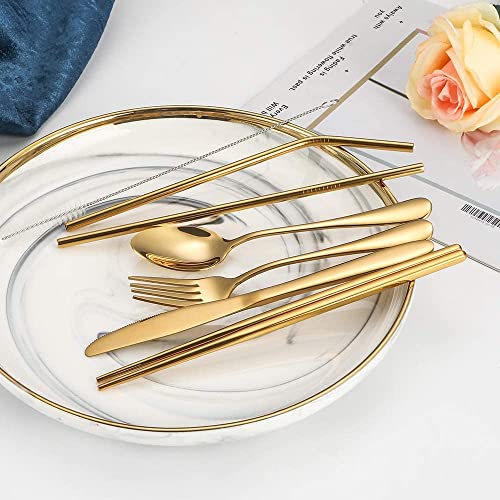 KITOME Portable Utensils Kit – 8-Piece Travel Cutlery Set with Case: Knife, Fork, Spoon, Chopsticks, Straws & Cleaning Brush – Reusable Stainless Steel Flatware for Camping & Office (Gold) - Image 5