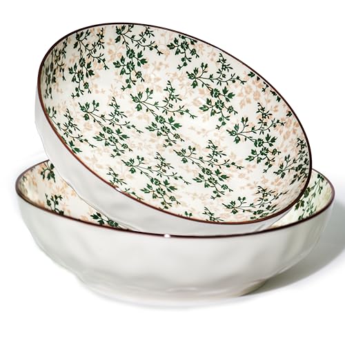 Ronanemon Large Serving Bowls, 78Oz Extra Large Salad Bowls Set of 2, Green Floral Pattern Design Decorative Bowls for Salad, Fruit, Pasta and Dinner, Serving Dishes Set for Party (Green Floral of 2) - Image 1