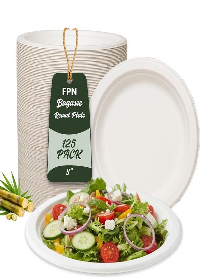 FPN Round Compostable Plates 8 Inch 125 Count Heavy Duty Disposable Plates | Sugarcane Biodegradable Paper Plates, Microwave & Freezer Safe for Parties, Weddings, Catering & Daily Meals - Image 1