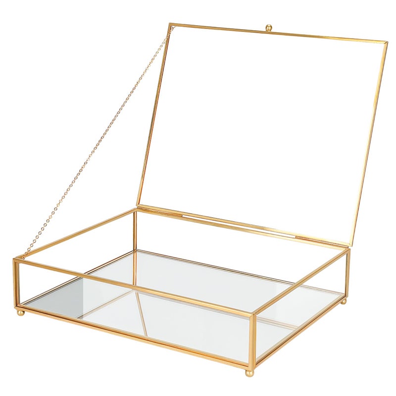 REDHUGO Large Glass Boxes for Display Handmade Mirrored Bottom Glass Jewelry Trinket Box with Lid for Book Photo Keepsake Organizer Display Case for Vanity Decor Home Dresser Gold