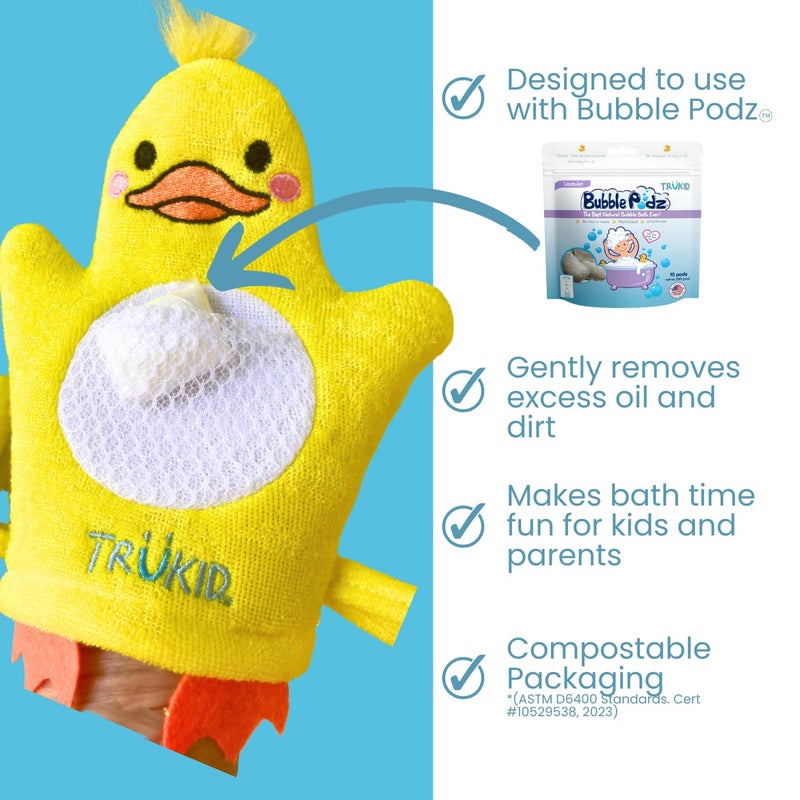 TruKid BubbleGlove, Bath Wash Gloves-Sponge - Hand Puppet for Kids & Toddler, Bath Sponge & Baby Washcloth Mitt for Kids & Adults, Body Scrubber for Mommy & Me - Duck Set of 2 - Image 4