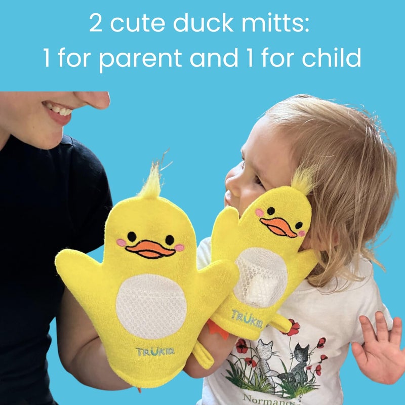 TruKid BubbleGlove, Bath Wash Gloves-Sponge - Hand Puppet for Kids & Toddler, Bath Sponge & Baby Washcloth Mitt for Kids & Adults, Body Scrubber for Mommy & Me - Duck Set of 2 - Image 3