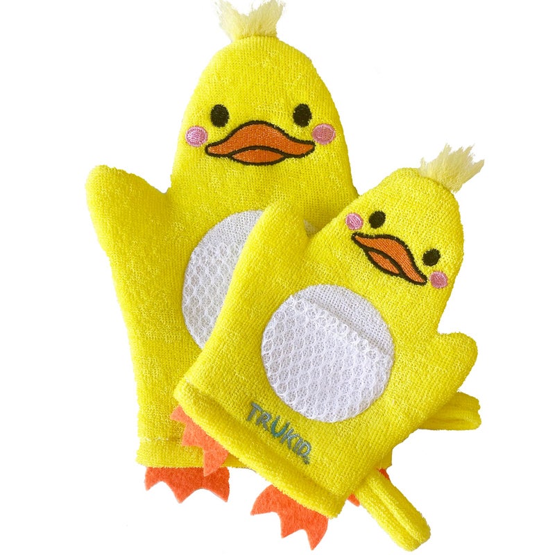 TruKid BubbleGlove, Bath Wash Gloves-Sponge - Hand Puppet for Kids & Toddler, Bath Sponge & Baby Washcloth Mitt for Kids & Adults, Body Scrubber for Mommy & Me - Duck Set of 2 - Image 1
