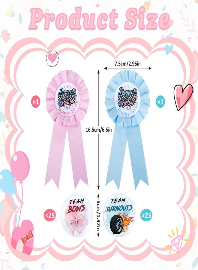 Ohmique Burnouts or Bows Gender Reveal Decorations - 50 Pcs Burnouts Bows Gender Reveal Button Pins with 2 Pcs Daddy to be & Mommy to be Tinplate Badge Pin, Team Boy or Team Girl Party Favors for Baby Shower - Image 2