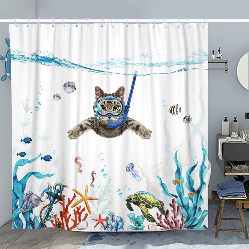 Fowocu Funny Cat Extra Long Shower Curtain Set Teal Blue Sea Ocean Waterproof Fabric Shower Curtains with Animal Octopus Starfish Turtle Anchor Fish Nautical Bathroom Curtain Decor (Blue  72''?78'') - Image 2