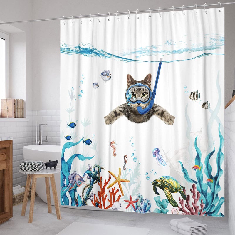 Fowocu Funny Cat Extra Long Shower Curtain Set Teal Blue Sea Ocean Waterproof Fabric Shower Curtains with Animal Octopus Starfish Turtle Anchor Fish Nautical Bathroom Curtain Decor (Blue  72''?78'') - Image 4