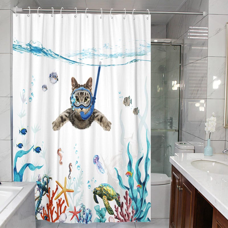 Fowocu Funny Cat Extra Long Shower Curtain Set Teal Blue Sea Ocean Waterproof Fabric Shower Curtains with Animal Octopus Starfish Turtle Anchor Fish Nautical Bathroom Curtain Decor (Blue  72''?78'') - Image 5