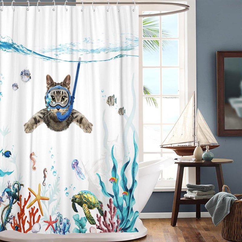 Fowocu Funny Cat Extra Long Shower Curtain Set Teal Blue Sea Ocean Waterproof Fabric Shower Curtains with Animal Octopus Starfish Turtle Anchor Fish Nautical Bathroom Curtain Decor (Blue  72''?78'') - Image 3