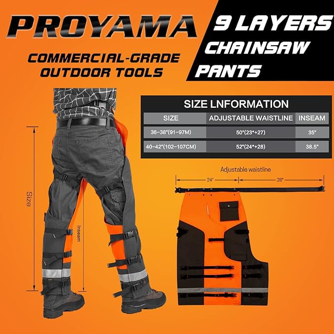 PROYAMA Chainsaw Chaps for Cutting and Logging, 9 Layers Lightweight, Chainsaw Pants Adjustable Belt, 36-38 Inch - Image 2