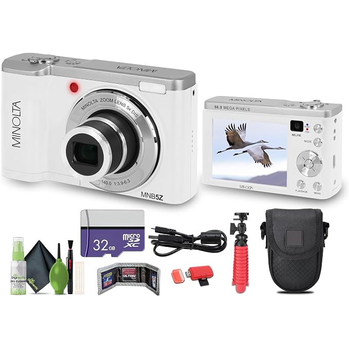 Minolta MNB5Z 56MP Dual Lens Point & Shoot Digital Camera with 5X Optical Zoom & 5K Ultra HD Video Bundle with 32GB Memory Card + Vlogger Tripod + Bag + 6Ave Cleaning Kit + More Accessories (White) - Image 1