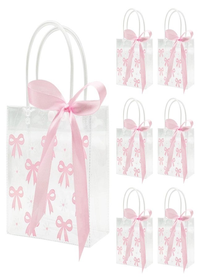 Slomg 12 Pack Pink Bow Clear Plastic Gift Bags with Handles, PVC Ribbon Coquette Bowknot Goodie Treat Tote Bags, Reusable Holidays Candy Gift Wrapping Bags for Wedding Birthday Baby Shower Party Favor - Image 1