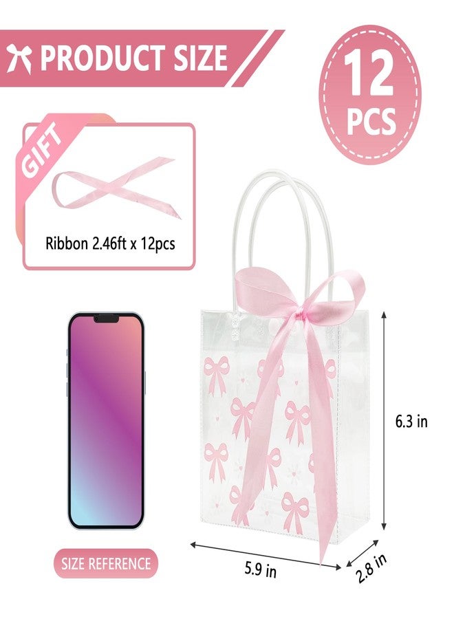Slomg 12 Pack Pink Bow Clear Plastic Gift Bags with Handles, PVC Ribbon Coquette Bowknot Goodie Treat Tote Bags, Reusable Holidays Candy Gift Wrapping Bags for Wedding Birthday Baby Shower Party Favor - Image 2