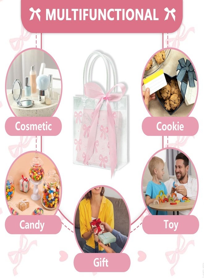 Slomg 12 Pack Pink Bow Clear Plastic Gift Bags with Handles, PVC Ribbon Coquette Bowknot Goodie Treat Tote Bags, Reusable Holidays Candy Gift Wrapping Bags for Wedding Birthday Baby Shower Party Favor - Image 4