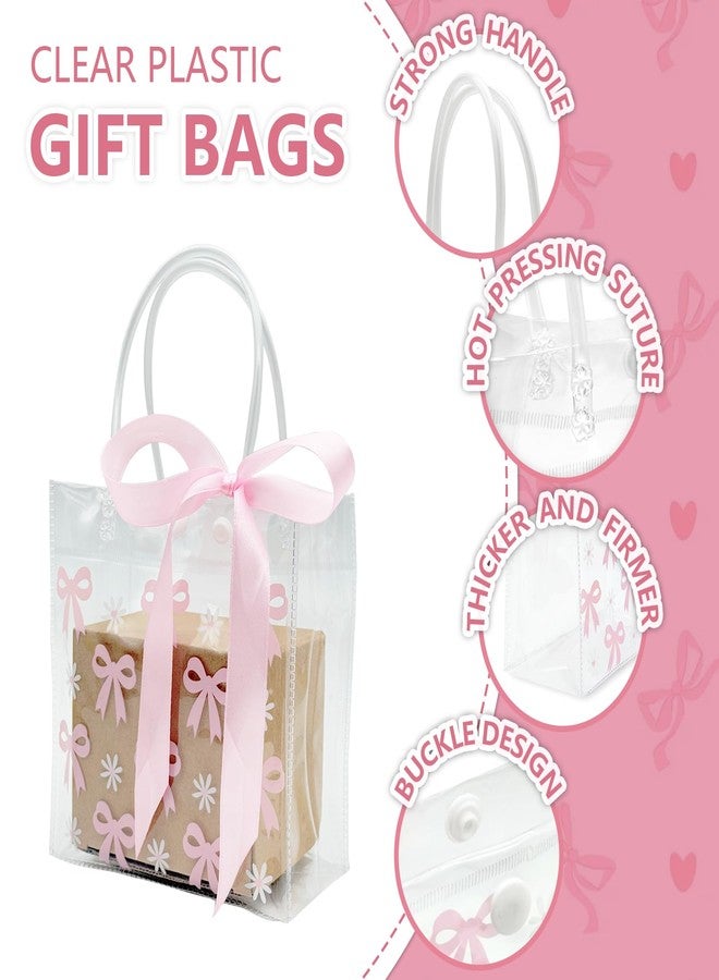 Slomg 12 Pack Pink Bow Clear Plastic Gift Bags with Handles, PVC Ribbon Coquette Bowknot Goodie Treat Tote Bags, Reusable Holidays Candy Gift Wrapping Bags for Wedding Birthday Baby Shower Party Favor - Image 3