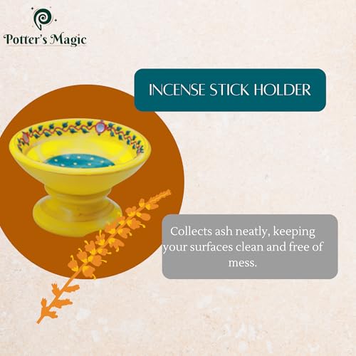 Potter's Magic Potter’s Magic Handcrafted Terracotta Agarbatti Stand & Sambrani Holder | Rustic Clay Incense Stick Holder for Pooja Room, Home Fragrance, Festive Decor | Ideal Gift for Diwali & Housewarming | Yellow - Image 3