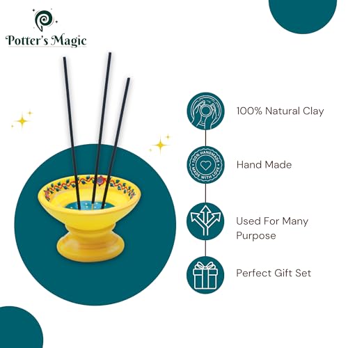 Potter's Magic Potter’s Magic Handcrafted Terracotta Agarbatti Stand & Sambrani Holder | Rustic Clay Incense Stick Holder for Pooja Room, Home Fragrance, Festive Decor | Ideal Gift for Diwali & Housewarming | Yellow - Image 2
