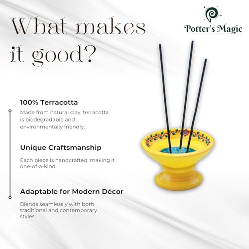 Potter's Magic Potter’s Magic Handcrafted Terracotta Agarbatti Stand & Sambrani Holder | Rustic Clay Incense Stick Holder for Pooja Room, Home Fragrance, Festive Decor | Ideal Gift for Diwali & Housewarming | Yellow - Image 4