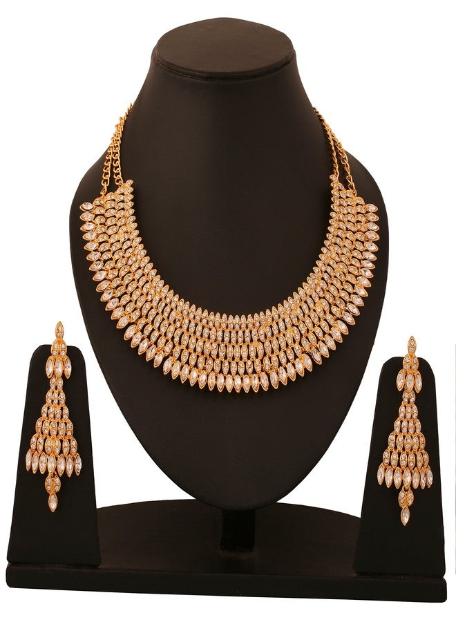 Touchstone Gold Tone Indian Bollywood Seam Pattern Diamond Look White Crystals Heavy Jewelry Necklace - Image 2