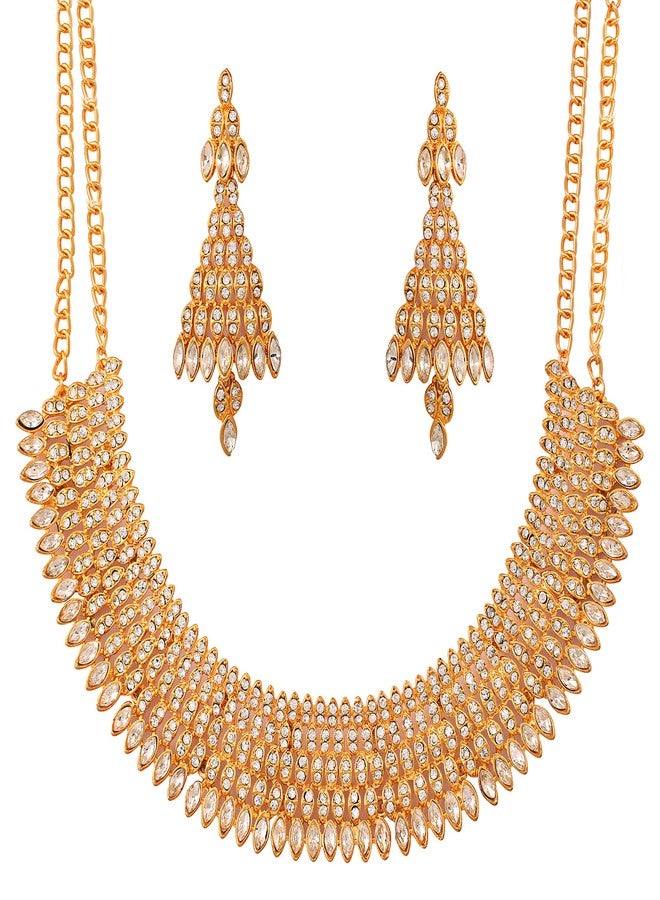 Touchstone Gold Tone Indian Bollywood Seam Pattern Diamond Look White Crystals Heavy Jewelry Necklace - Image 1