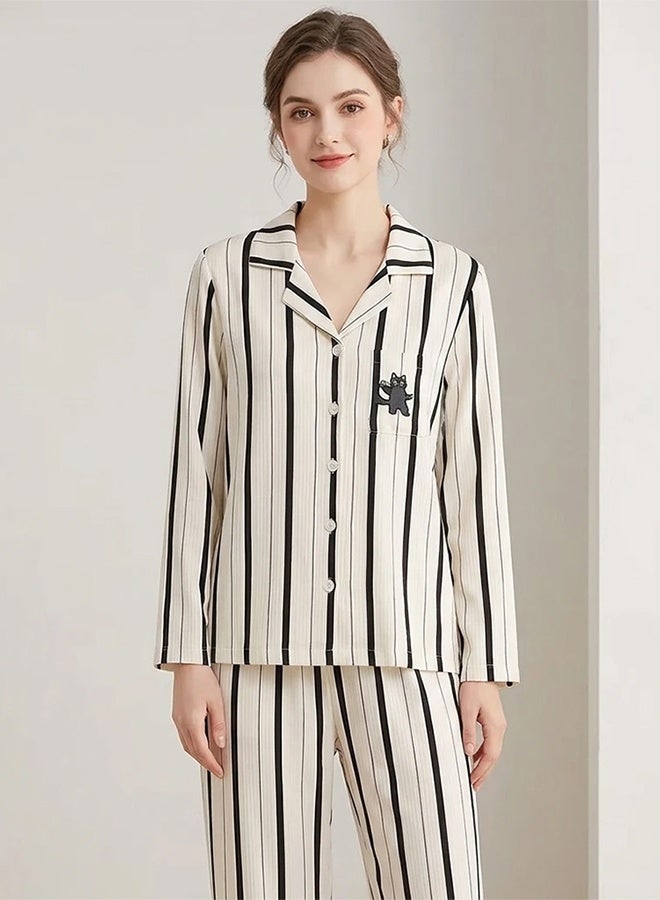 MARGOUN (Large Size) Women’s Striped Pajama Set – Long Sleeve Button-Down Shirt and Long Pants Nightwear – Soft Silk-Feel Loungewear with Cute Cat Motif – 2-Piece Sleepwear Set - White - Image 3