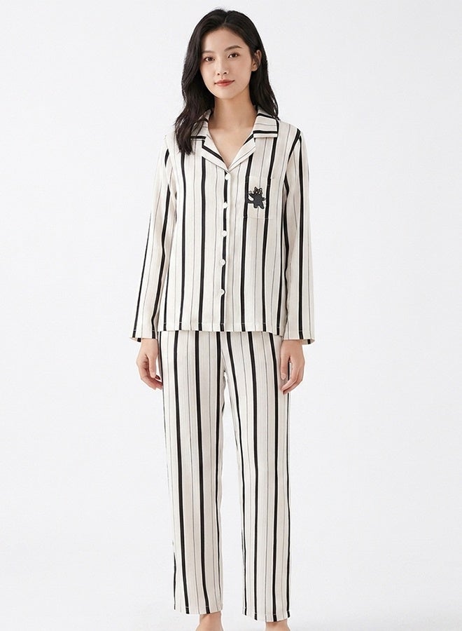 MARGOUN (Large Size) Women’s Striped Pajama Set – Long Sleeve Button-Down Shirt and Long Pants Nightwear – Soft Silk-Feel Loungewear with Cute Cat Motif – 2-Piece Sleepwear Set - White - Image 4